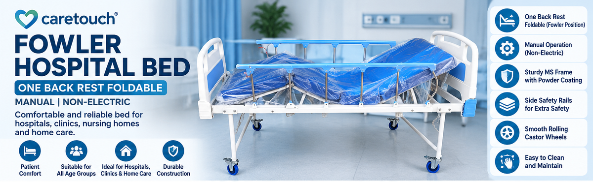 Manual Fowler Hospital Bed with Mattress | One Back Rest Foldable Semi Fowler Bed | Non-Electric Patient Bed with Side Rails & Wheels