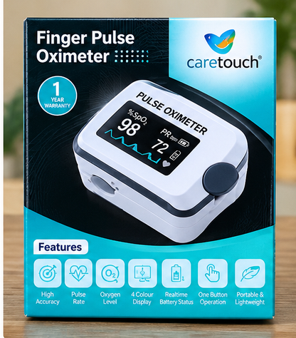 Caretouch Fingertip Pulse Oximeter | Digital Blood Oxygen SpO2 & Pulse Rate Monitor | 4 Colour Display | 1 Year Warranty