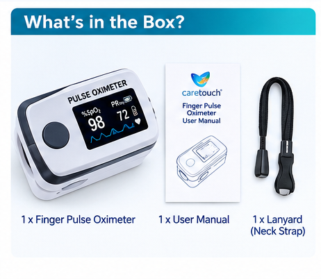 Caretouch Fingertip Pulse Oximeter | Digital Blood Oxygen SpO2 & Pulse Rate Monitor | 4 Colour Display | 1 Year Warranty