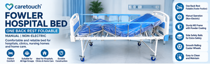 Manual Fowler Hospital Bed with Mattress | One Back Rest Foldable Semi Fowler Bed | Non-Electric Patient Bed with Side Rails & Wheels