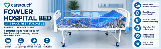 Manual Fowler Hospital Bed with Mattress | One Back Rest Foldable Semi Fowler Bed | Non-Electric Patient Bed with Side Rails & Wheels