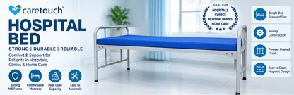 Hospital Single Bed with Blue Mattress | Metal Frame Patient Bed | Medical Hospital Cot for Clinics, Nursing Homes & Home Care