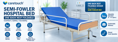 Semi Fowler Hospital Bed with Mattress | One Backrest Foldable Patient Bed | Manual Single Function Hospital Cot for Home & Hospital Use